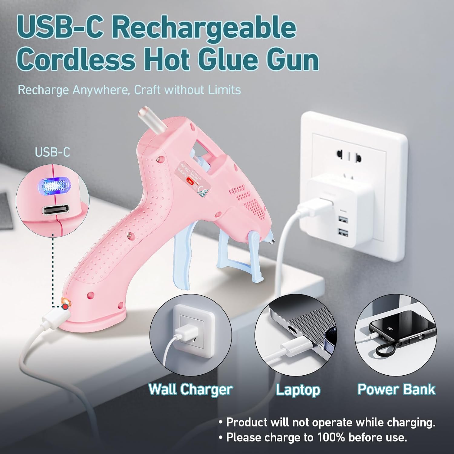 Cordless Hot Glue Gun, 20W Hot Glue Gun with 30PCS Premium Glue Sticks & 1m USB-C Cable, 2000mAh Built-in Battery Suitable for School Craft, Home Repair, DIY (Cordless) (Pink)