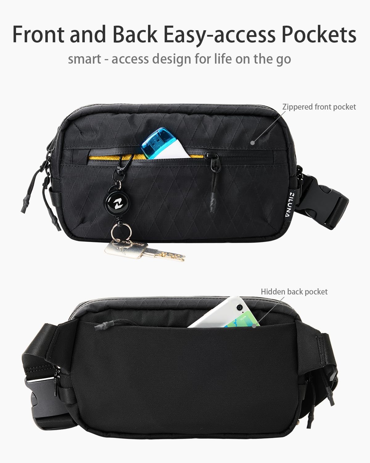 2L Sling Bag for Men & Women - Anti-Theft RFID Blocking Fanny Pack with Lockable Zippers, Water Resistant Lightweight Crossbody Bag for Travel Hiking Running Gym Walking Daily Use(X-Black)