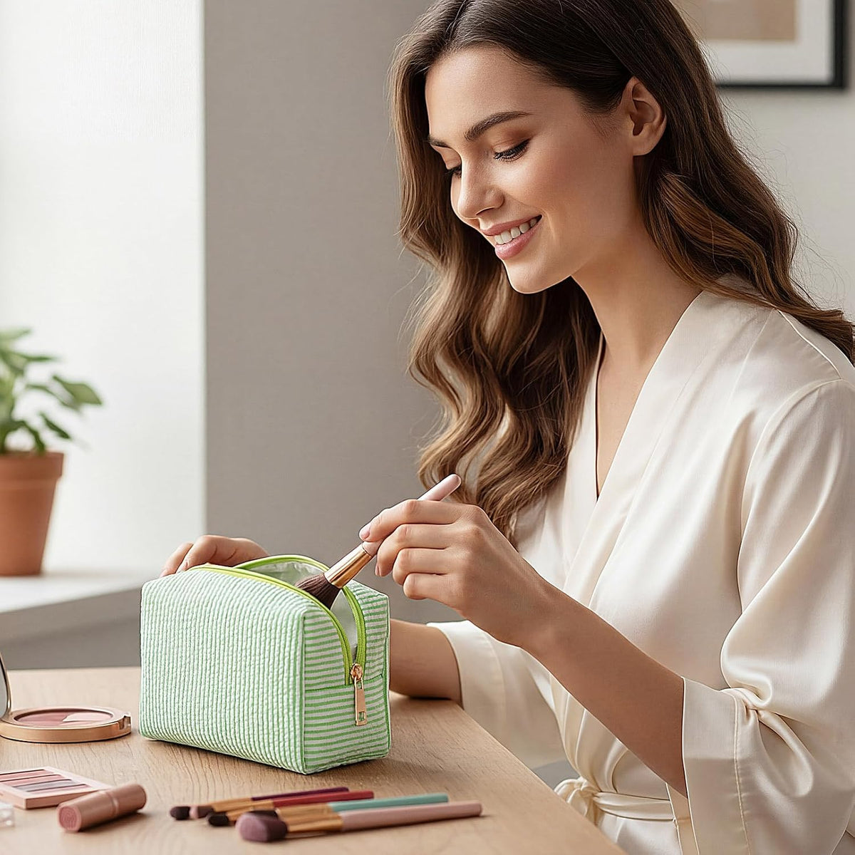 Sanwuta 6 Pcs Seersucker Cosmetic Bags Bulk, Striped Zippered,Green