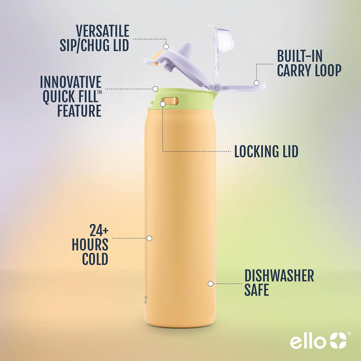 Ello Pop & Fill Insulated Stainless Steel Water Bottle with Quick Fill Lid, Leakproof Locking, Sip or Chug Spout, BPA-Free, Double Wall Vacuum Insulated for Sports, Travel & School- 22oz / 32oz / 40oz