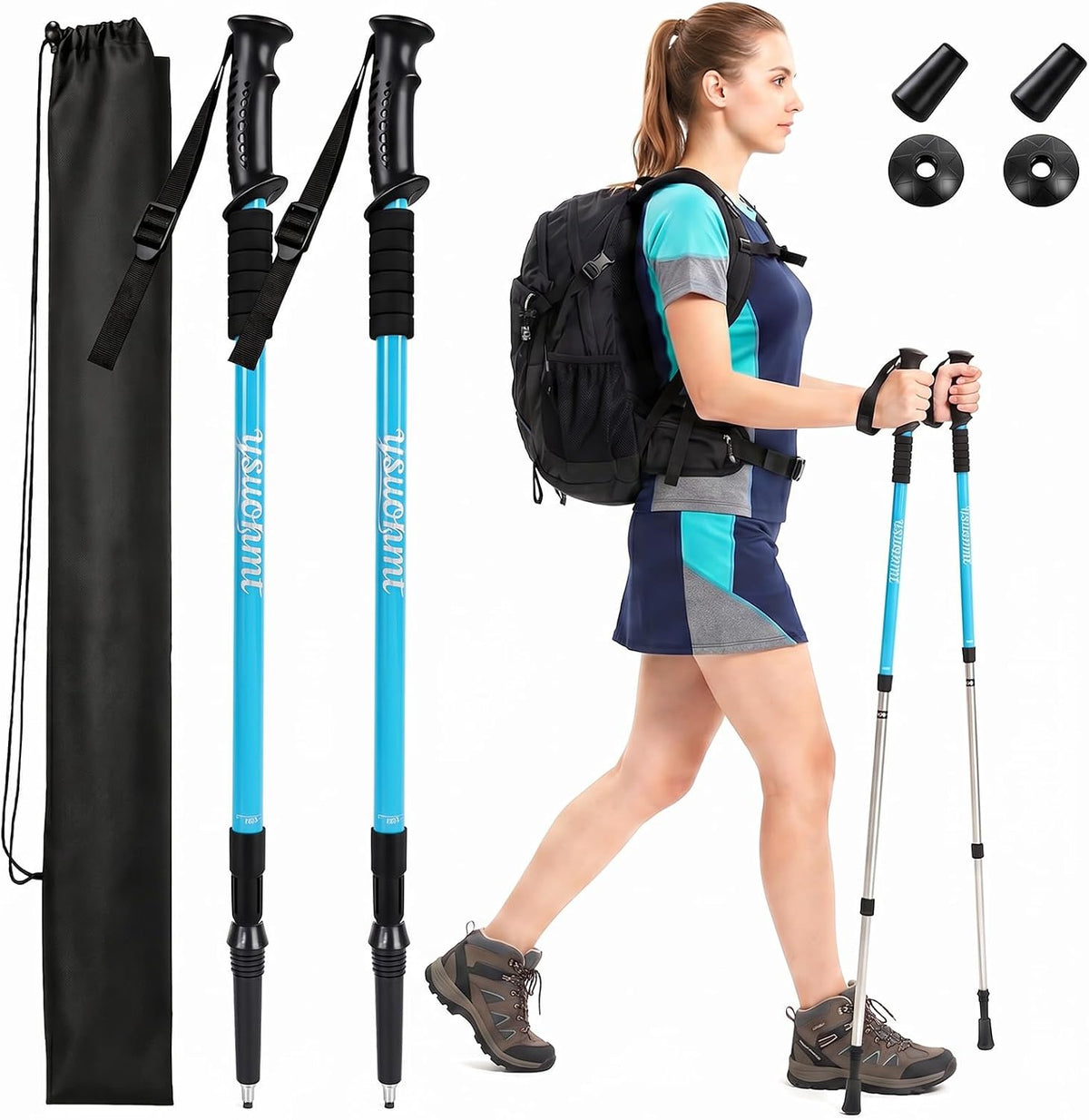 Hiking Trekking Poles, 2 Sticks with Anti-Shock and Quick Lock System， Ultralight, Telescopic, Collapsible，for Backpacking, Camping, Mountaineering, Trail Running, Snowshoeing, Men Women