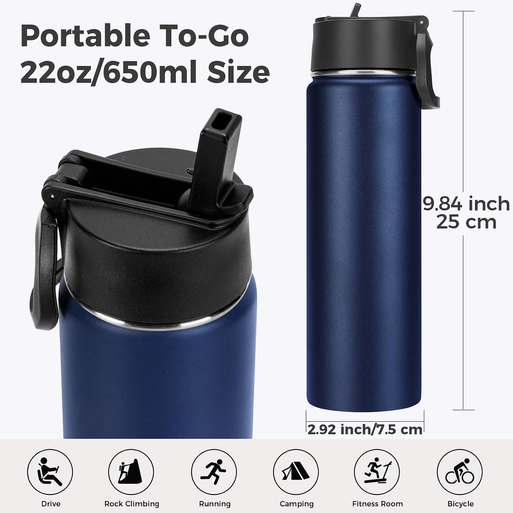 Neihepal 22 oz Insulated Water Bottles Bulk, Double Walled Vacuum Stainless Steel Water Bottle Multipack with Leak Proof Straw Lid for Men, Adults, Kids, Gym, Sports (Navy,4 Pack)
