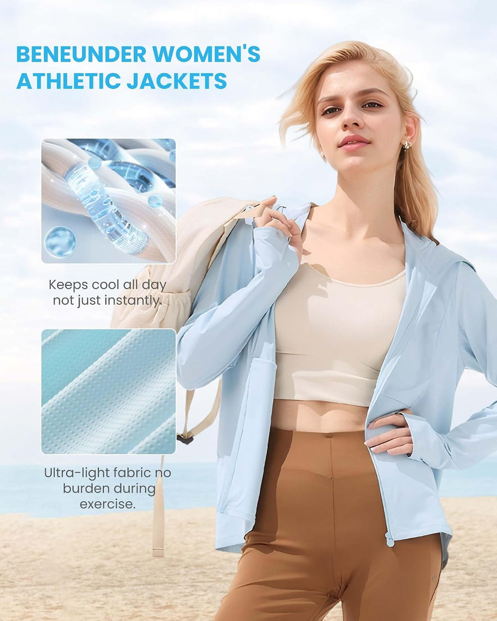 BENEUNDER Cooling Women's UPF 50+ Sun Protection Lightweight Hoodie Jacket Long Sleeve Active Sun Shirts for Outdoor Workout