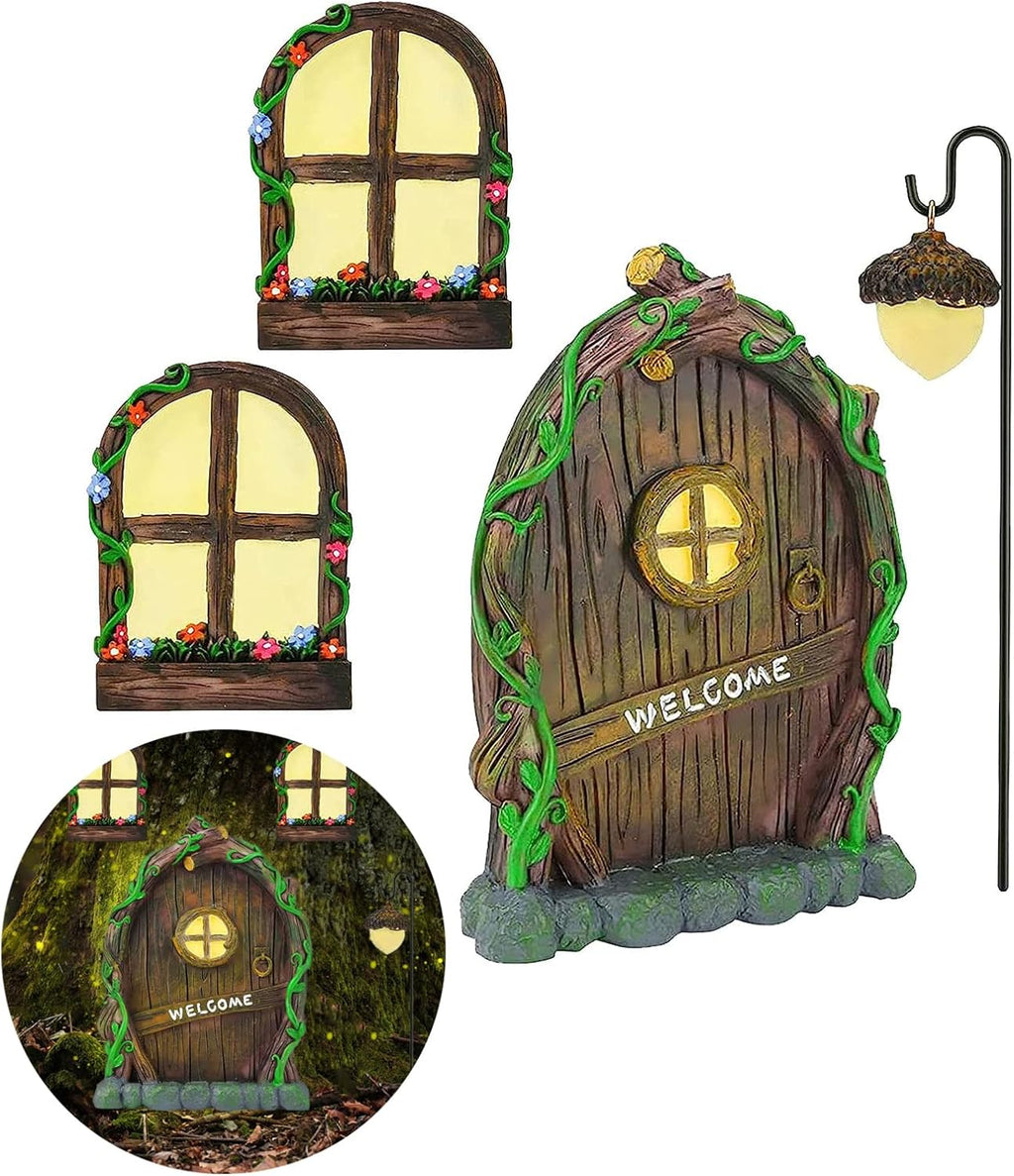 Miniature Fairy Garden Accessories Fairy Door and Windows for Trees, Glow in The Dark Yard Sculpture Lawn Ornament Mini Garden Art Outdoor Decor Accessories with Lantern