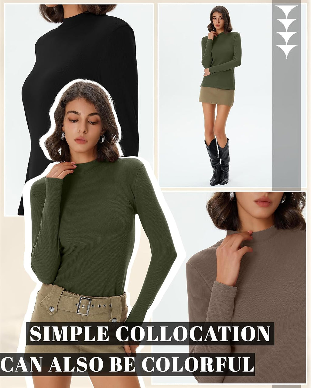 Evervibe 3 Pack Women's Ribbed Mock Neck Thermal Tops