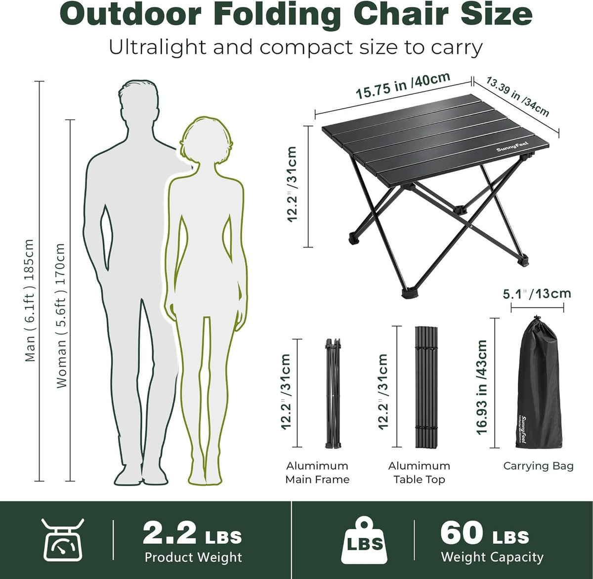 SUNNYFEEL Small Camping Table - Ultralight Portable Folding Table