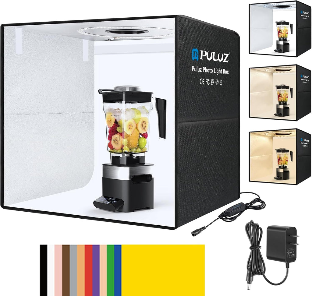 PULUZ Light Box Photography, 20x20 inch Portable Photo Studio Light Box, Professional Dimmable Quick Charge USB-C Photo Booth with 200 LED Lights & 12 Color Backdrops Photo Box for Product Photography