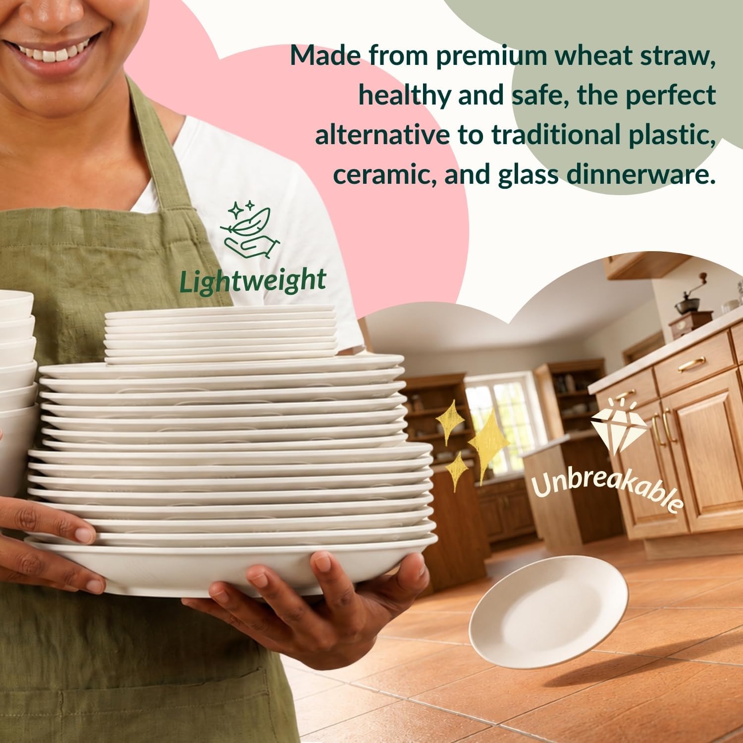 Homienly Wheat Straw Dinnerware Set,40-Piece Dish Set for 8, Dinner Plates, Dessert Plate, Cereal Bowls, Cups, Appetizer Plates,Reusable Dinner Plates Kids Plates and Bowls Sets, White