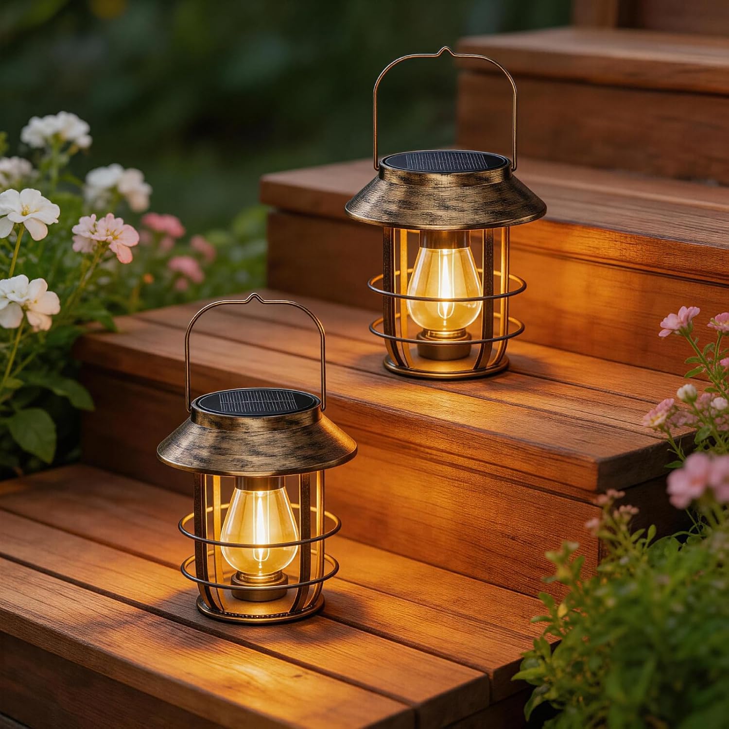 2 Pack Solar Lanterns Outdoor Waterproof, Retro Metal Hanging Lantern