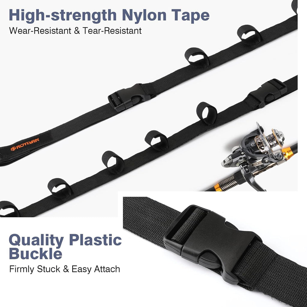 Roylvan 2 Pack Vehicle Fishing Rod Holder - Fishing Pole Car Rack 5 Rods Capacity, Adjustable 30 to 54 Inches Horizontal Roof Storage Carrier Belt for SUV, Truck and Van, Black