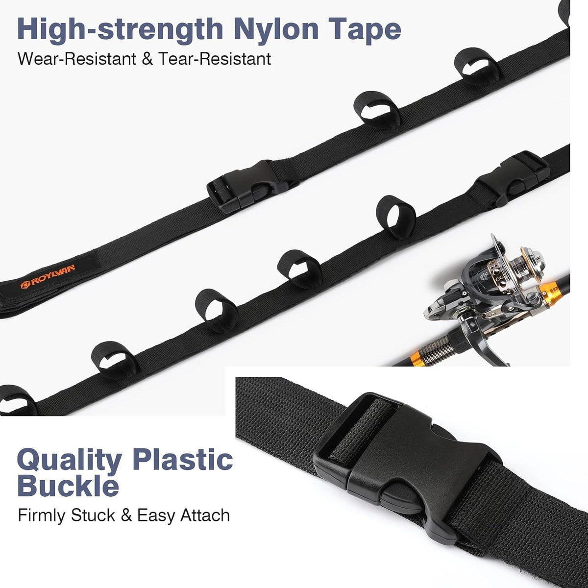 Roylvan 2 Pack Vehicle Fishing Rod Holder - Fishing Pole Car Rack 5 Rods Capacity, Adjustable 30 to 54 Inches Horizontal Roof Storage Carrier Belt for SUV, Truck and Van, Black