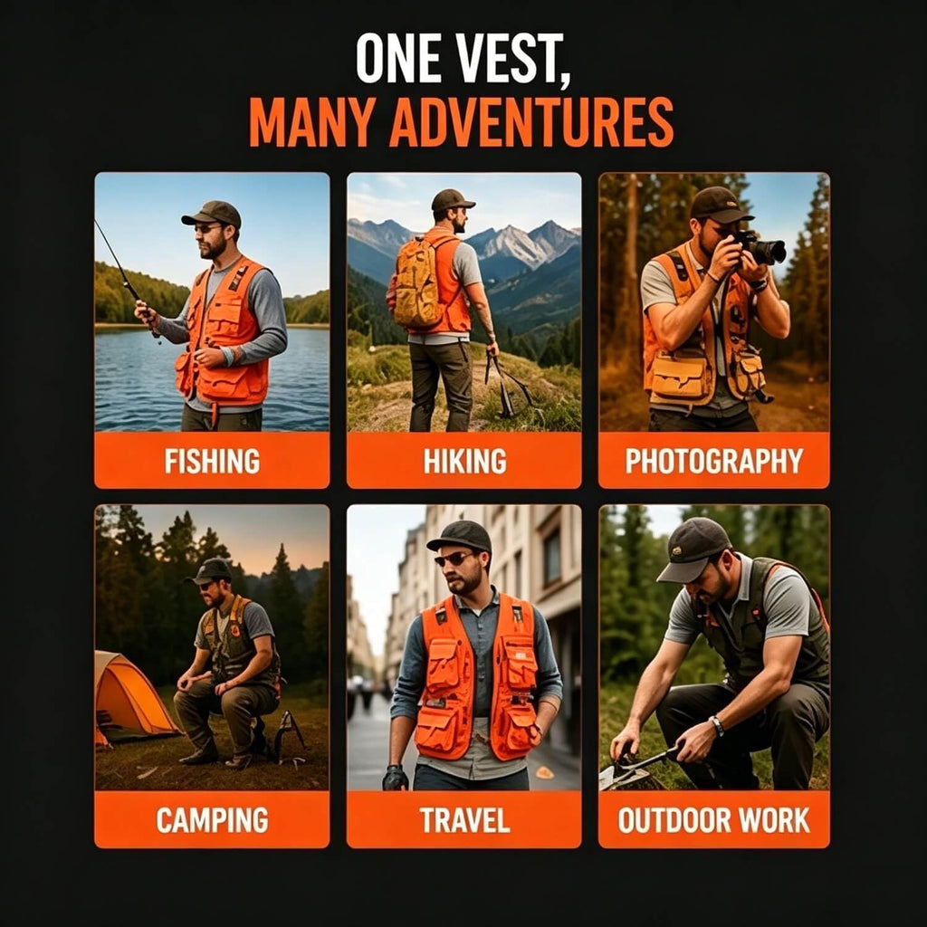 Outdoor Utility Vest for Men & Women, Lightweight Breathable Mesh Vest with Multiple Pockets for Fishing, Photography, Hiking, Camping, Travel & Safari, Orange
