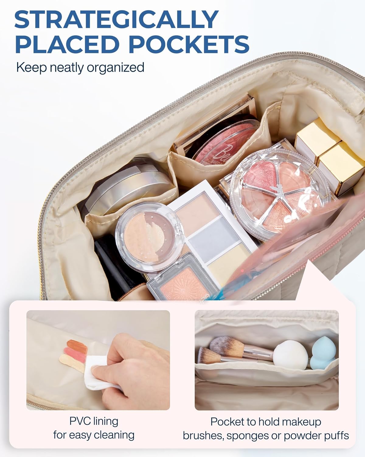 BAGSMART Makeup Bag Travel Toiletry Bag, Wide-open Zipper Pouch, Greige