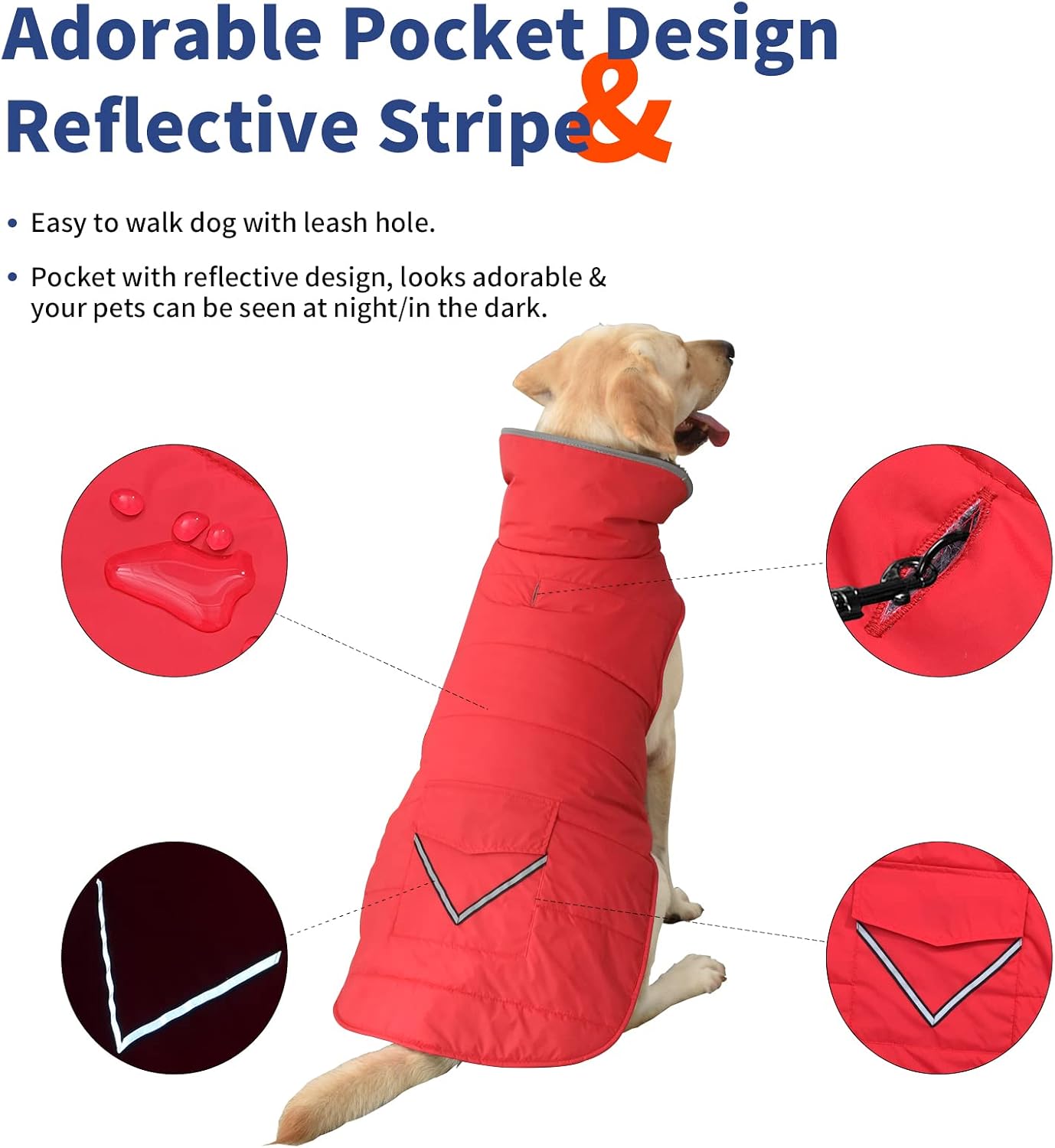 Petglad Dog Coat, Waterproof Dog Winter Jacket with Pocket, Reflective Adjustable Pet Snow Vest, Warm Cozy Fleece Sweater for Small Medium Extra Large Dogs - Red, S