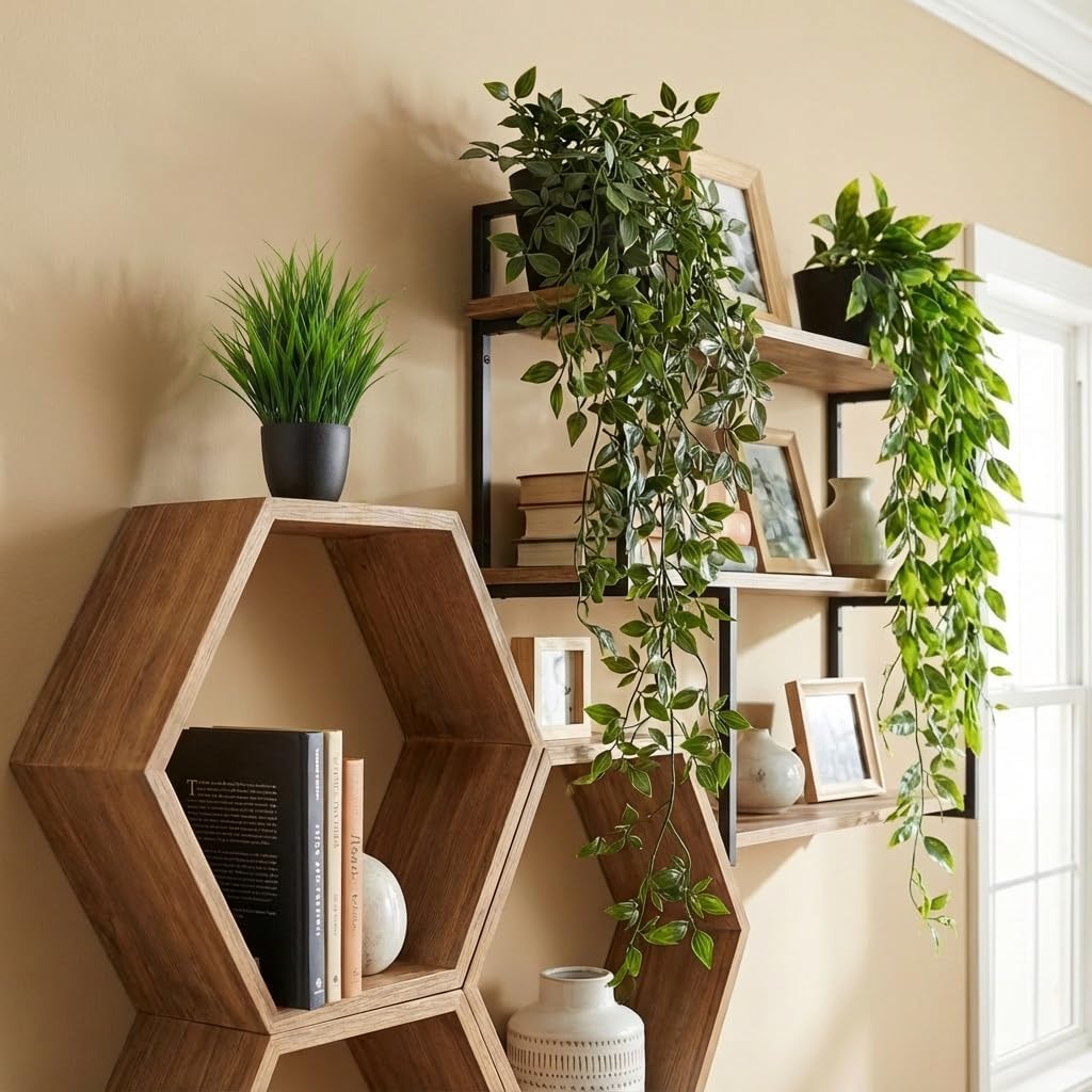 5 Pack Fake Plants - Artificial Hanging Plants & Small Potted Faux Eucalyptus Fern Ivy, UV Resistant Maintenance-Free, for Shelf Wall Desk Home Office Bathroom Indoor Outdoor Decor