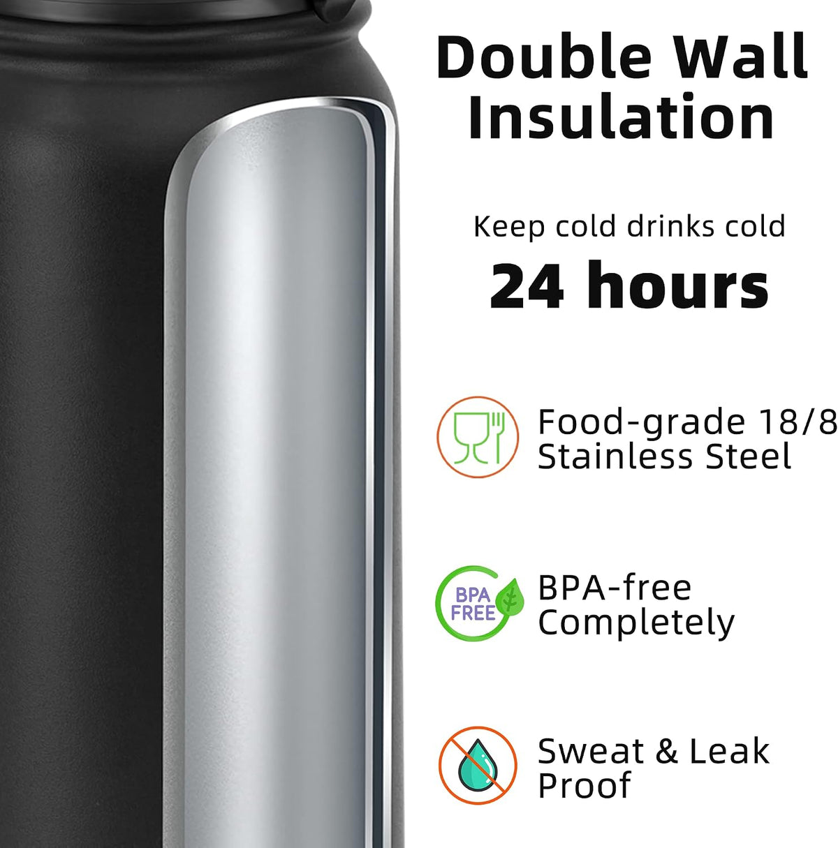 Fanhaw 20oz Insulated Water Bottle with Anti-dust Chug Lid, Black