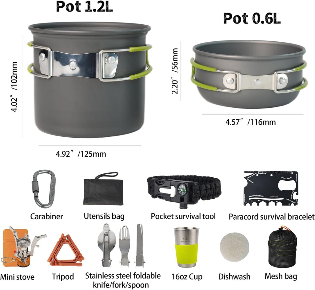 Camping Cookware Mess Kit, 16 pcs Backpacking Cooking Set, Lightweight Camping Pots and Stove Set for 1-2 Person, Outdoor Cooking Gear Ideal for Camping, Hiking, Backpacking and Picnic