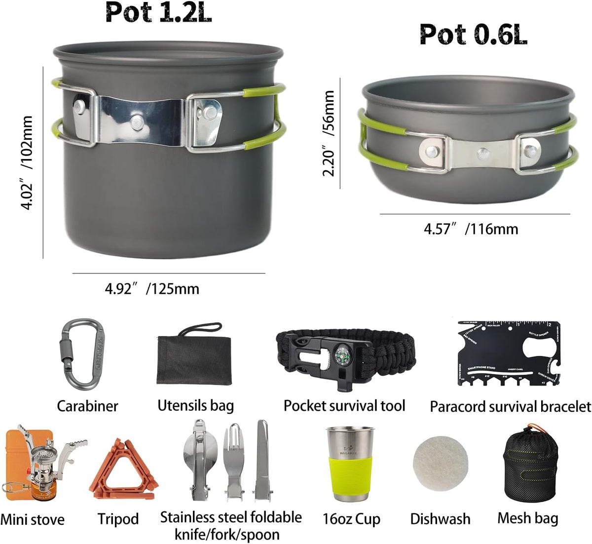 Camping Cookware Mess Kit, 16 pcs Backpacking Cooking Set, Lightweight Camping Pots and Stove Set for 1-2 Person, Outdoor Cooking Gear Ideal for Camping, Hiking, Backpacking and Picnic