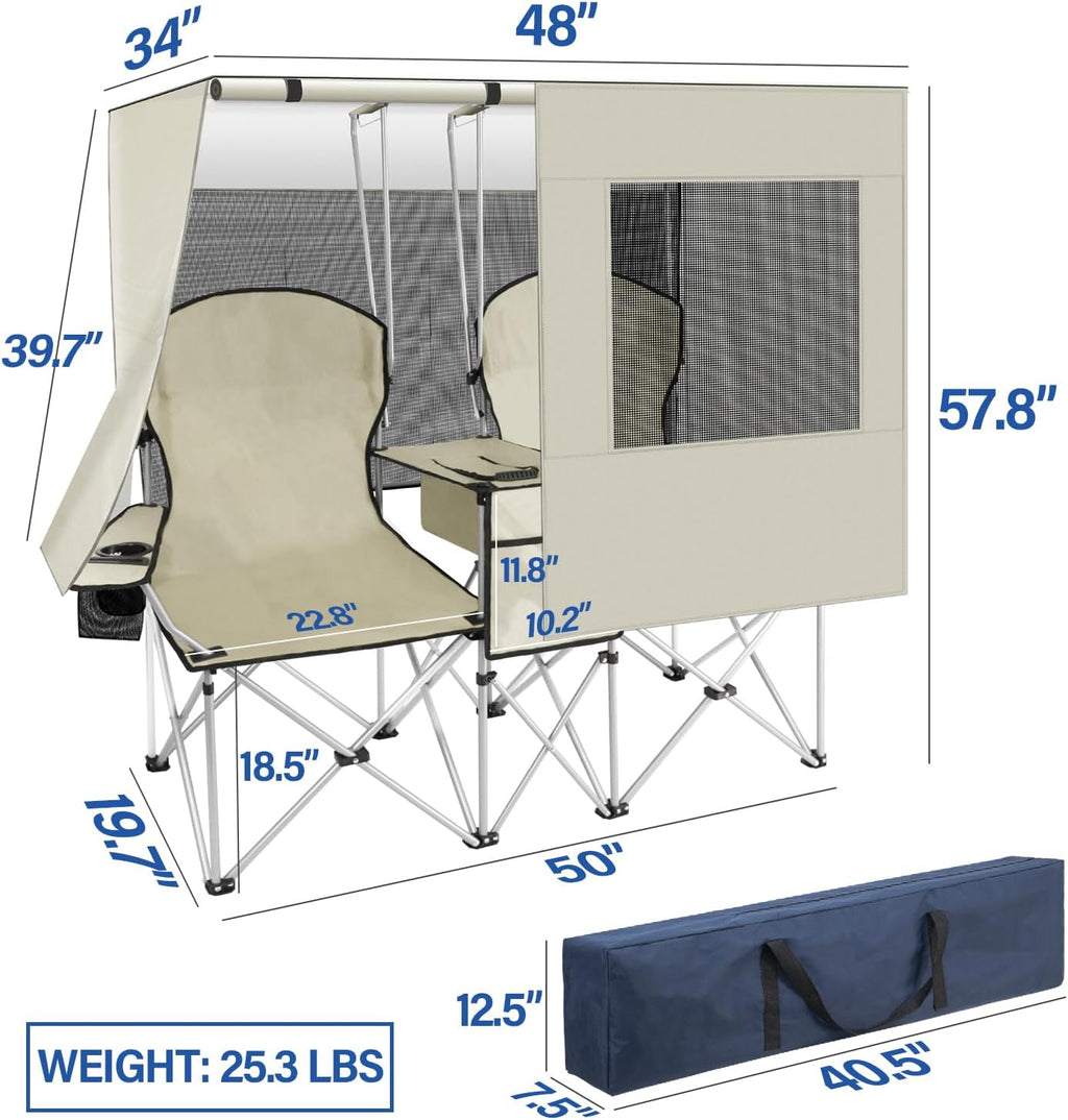 Double Camping Chair with Canopy,Beach Chair Support 600LBS,White
