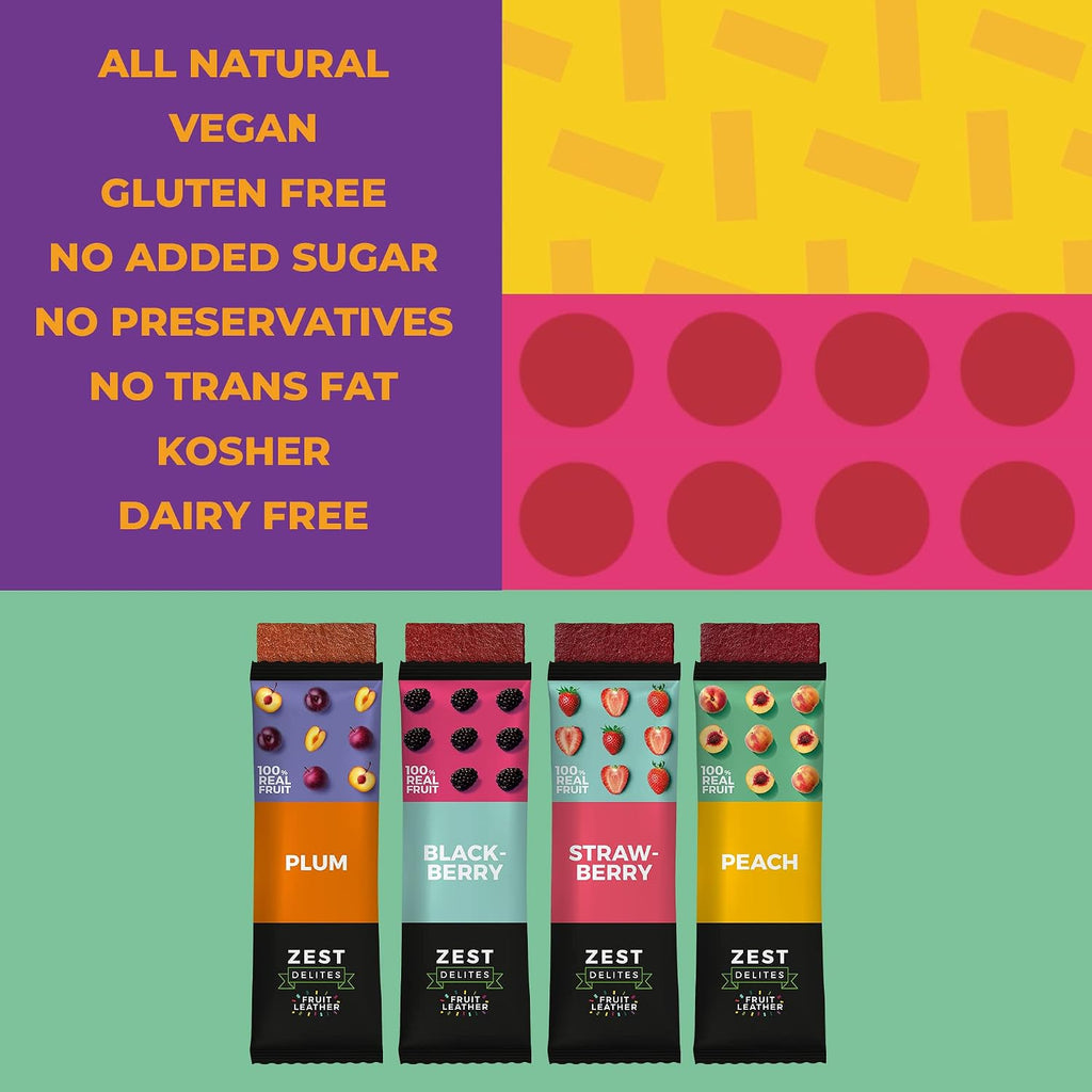 Fruit Snacks by Zest Delites, Fruit Leather, Healthy Snacks for Adults & Kids, Vegan Apple-Based Strips, Dried Strawberry-Peach-Blackberry-Plum Bars, 0.88 oz x 36