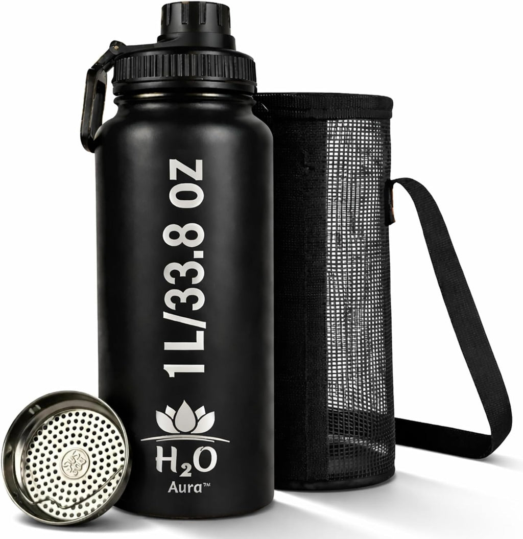 Premium 1 Liter Water Bottle (33.8 oz) with Carrying Case & Strap - Double Wall Vacuum Insulated Stainless Steel Water Bottle - Leakproof Lid, Wide Mouth, BPA-Free, Removable Strainer – Black