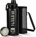 Premium 1 Liter Water Bottle (33.8 oz) with Carrying Case & Strap - Double Wall Vacuum Insulated Stainless Steel Water Bottle - Leakproof Lid, Wide Mouth, BPA-Free, Removable Strainer – Black