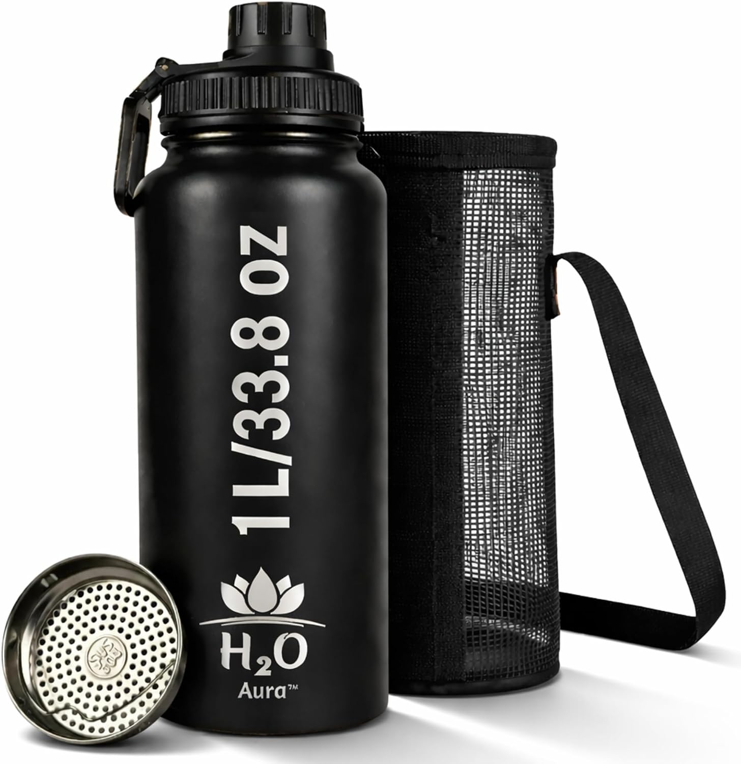 Premium 1 Liter Water Bottle (33.8 oz) with Carrying Case & Strap - Double Wall Vacuum Insulated Stainless Steel Water Bottle - Leakproof Lid, Wide Mouth, BPA-Free, Removable Strainer – Black