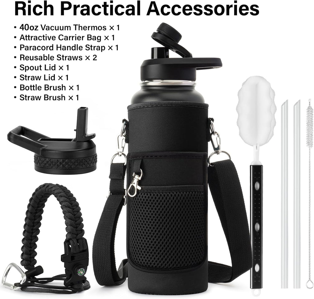 DYSANKY 40 oz Insulated Water Bottle | Thickened Stainless Steel Vacuum Metal | Portable Sports Water Jug for Gym and Hiking with Straw, Carrier Bag, Handle Strap | BPA-Free 40 oz, Black