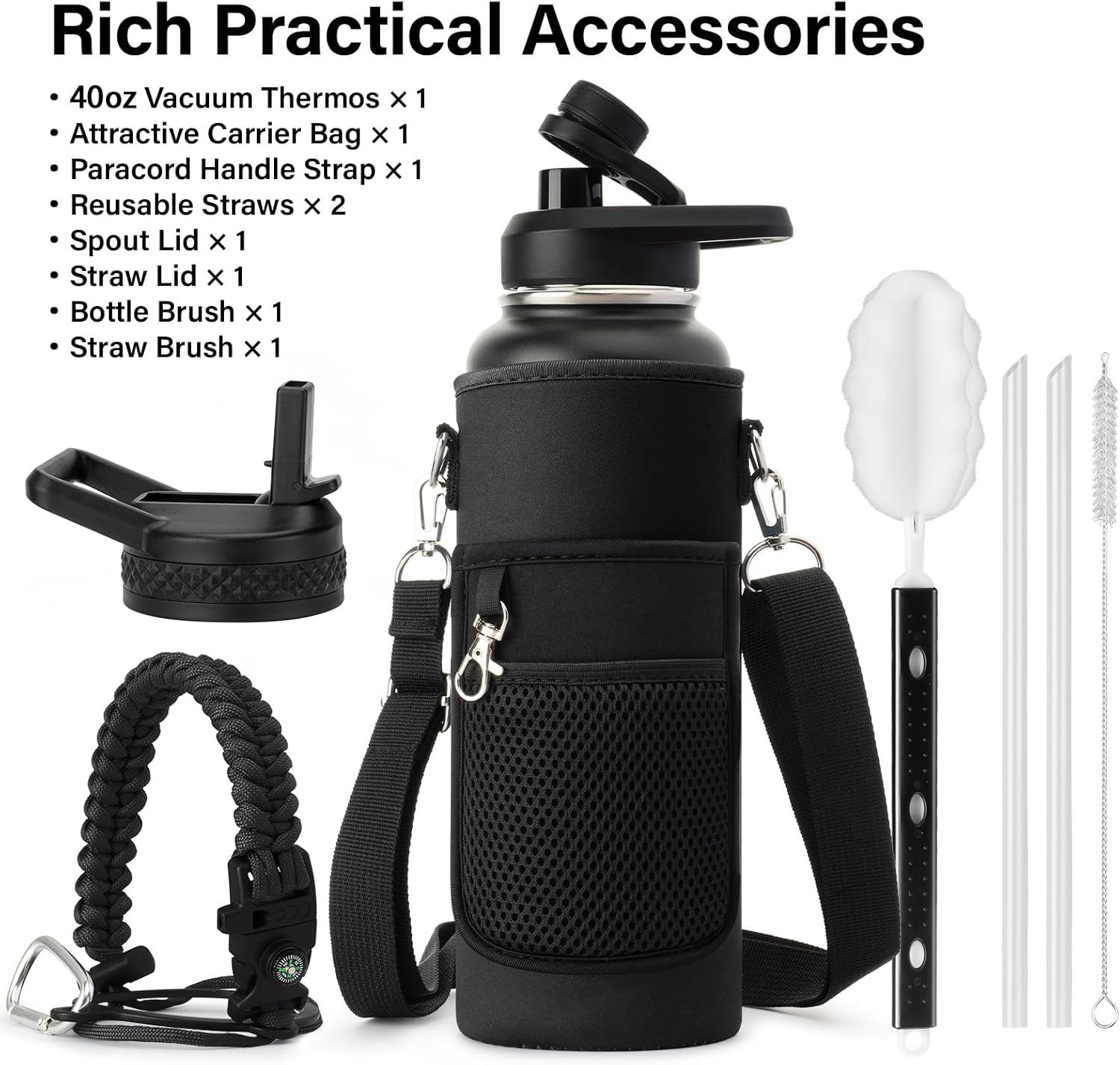 DYSANKY 40 oz Insulated Water Bottle | Thickened Stainless Steel Vacuum Metal | Portable Sports Water Jug for Gym and Hiking with Straw, Carrier Bag, Handle Strap | BPA-Free 40 oz, Black