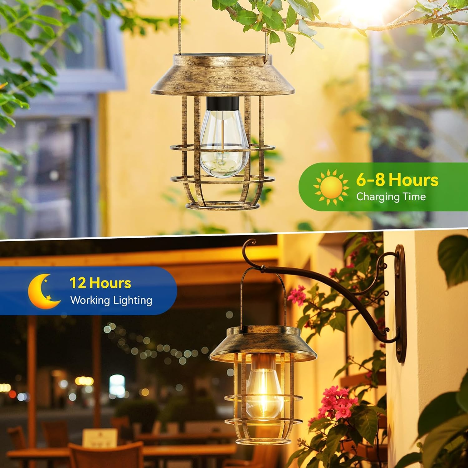 2 Pack Solar Lanterns Outdoor Waterproof, Retro Metal Hanging Lantern