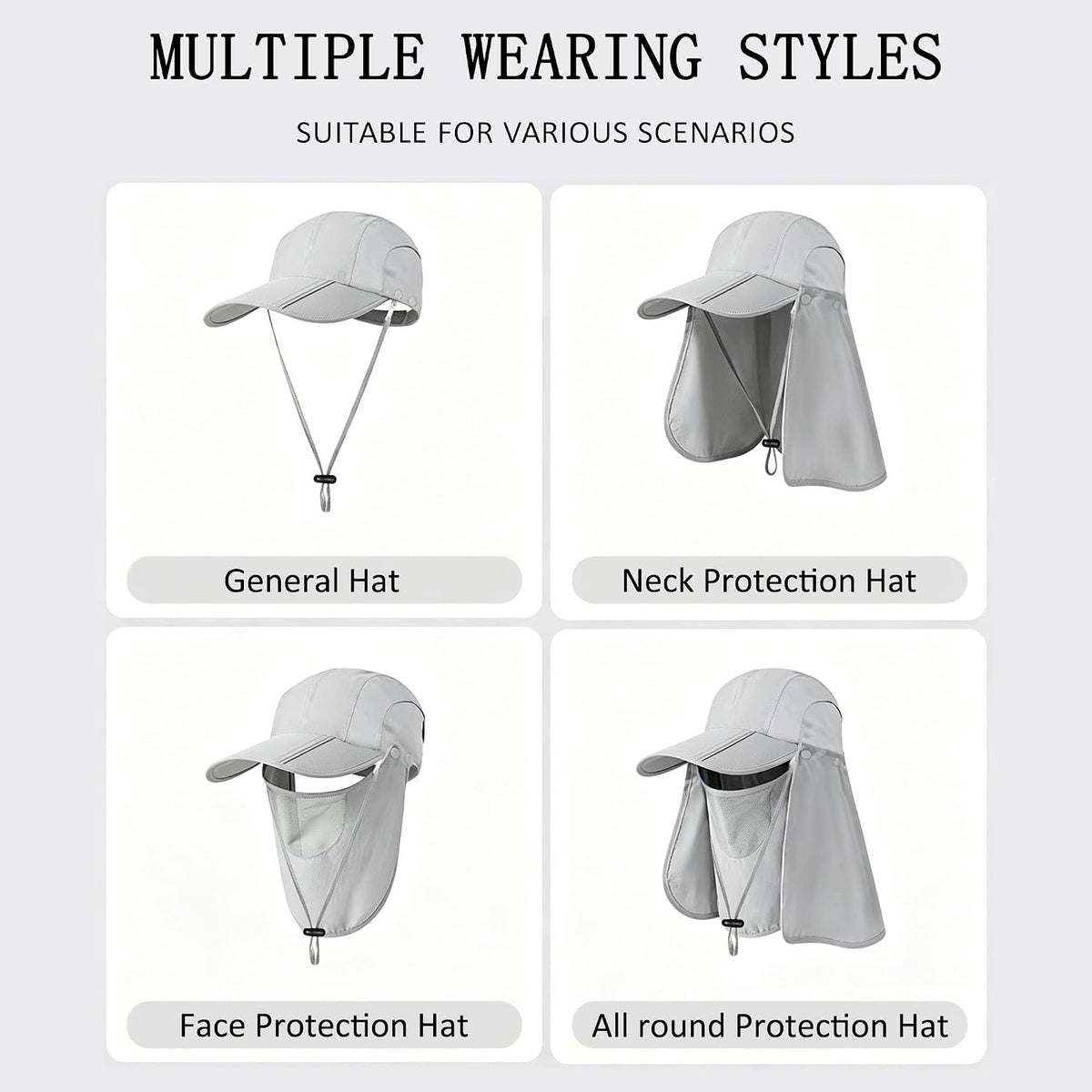 2Pack Men’s Foldable Sun Hat with Removable Face Mask & Neck Flap, UPF 50+ UV Protection, Quick-Drying Outdoor Fishing Cap
