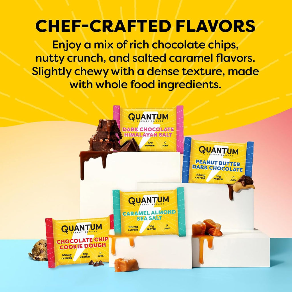 Quantum Energy Square: Energy Bar with Caffeine & 10g Protein. Delicious Healthy Snack On The Go. (Vegan, Gluten-free, Soy-free, Dairy-free) (Variety 8-Pack)
