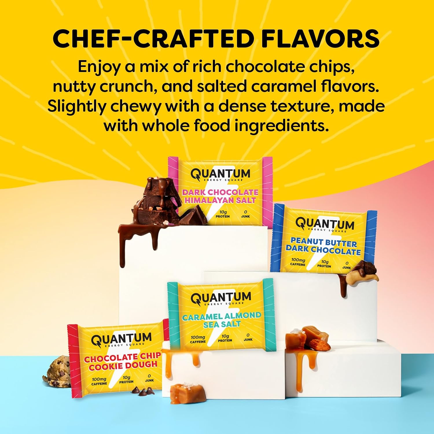 Quantum Energy Square: Energy Bar with Caffeine & 10g Protein. Delicious Healthy Snack On The Go. (Vegan, Gluten-free, Soy-free, Dairy-free) (Variety 8-Pack)