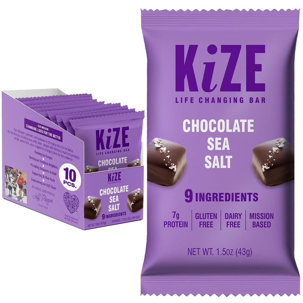 KiZE Energy Bars - Chocolate Sea Salt - Gluten Free, Dairy Free, Non-GMO, and High Protein Meal Replacement Energy Bars, Meal Bas, Clean & Simple Food Ingredients - 7g High Protein Snacks, (10 Count)