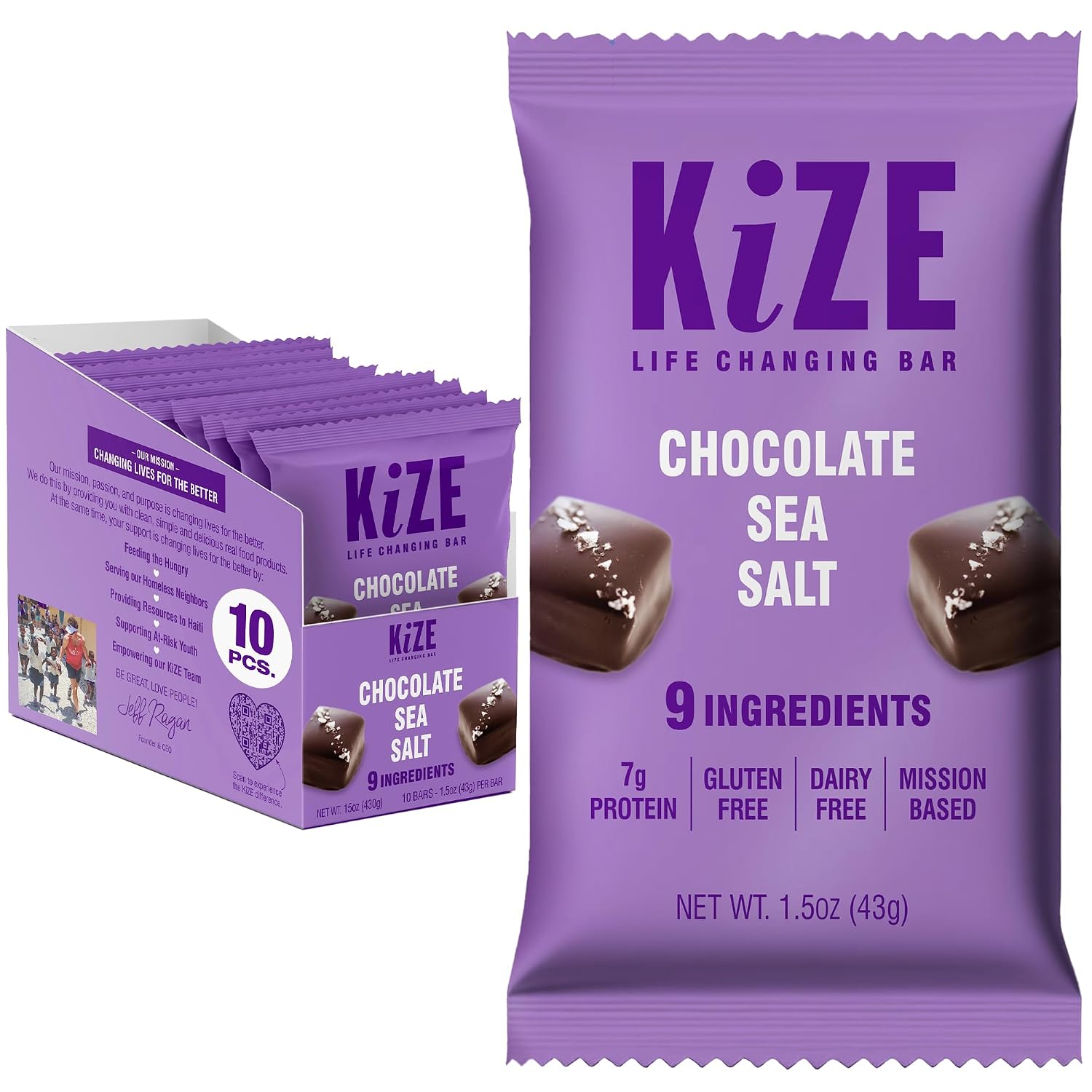 KiZE Energy Bars - Chocolate Sea Salt - Gluten Free, Dairy Free, Non-GMO, and High Protein Meal Replacement Energy Bars, Meal Bas, Clean & Simple Food Ingredients - 7g High Protein Snacks, (10 Count)