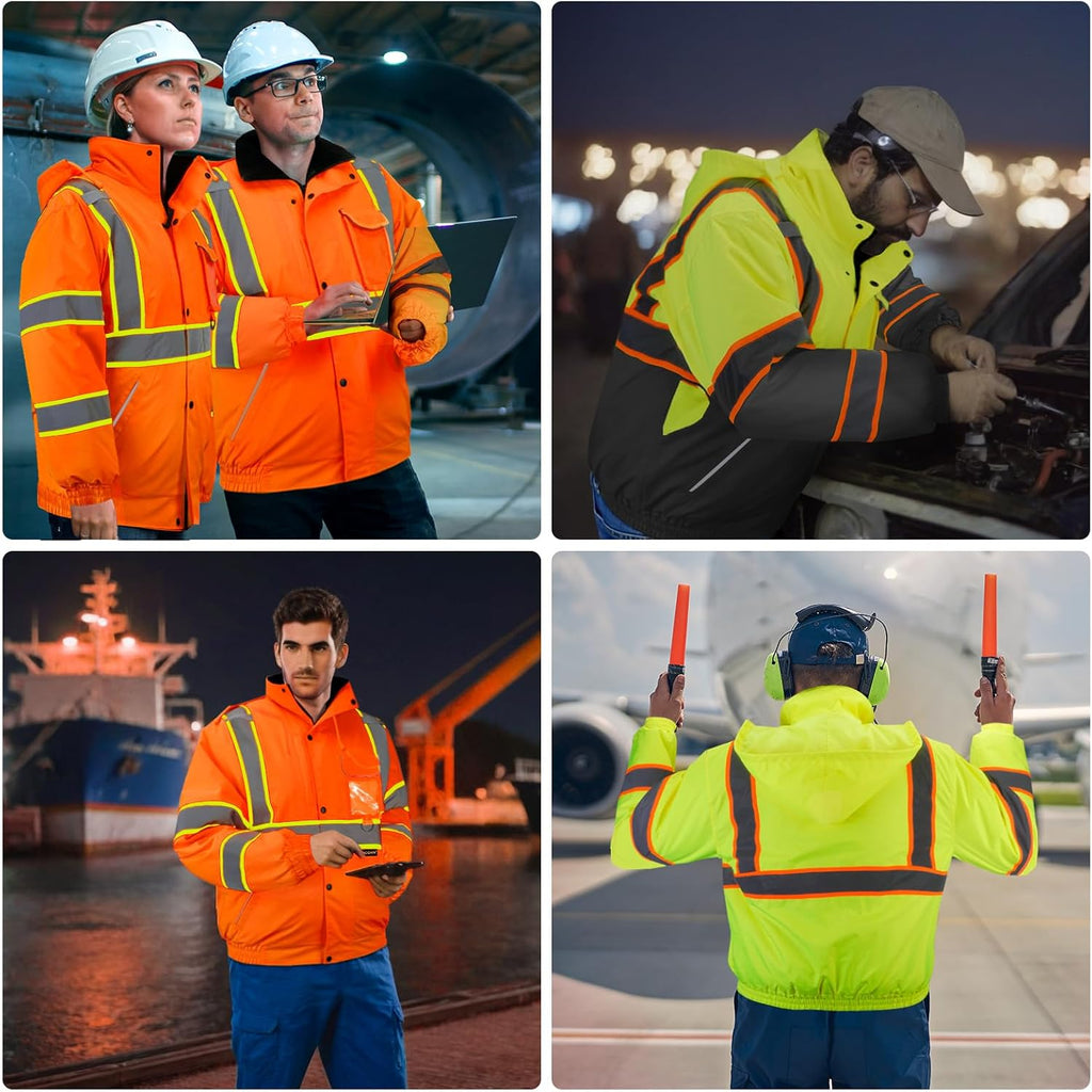 TICONN Hi Vis Safety Bomber Jacket, Fleece-Lined Waterproof ANSI Class 3