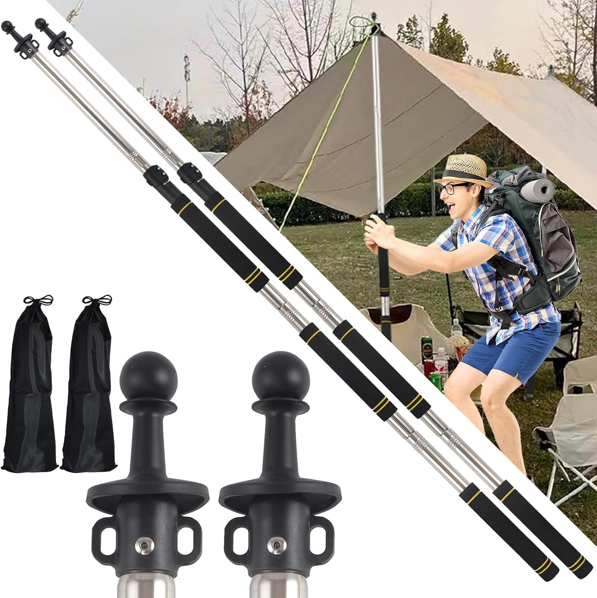 Tarp Poles,Tent Poles Set of 2 2Ft to 6Ft Replacement Canopy Poles Heavy Duty Telescoping Tent Poles for Tarp Outdoor Camping Awning Poles Adjustable Sturdy Durable Shade Cloth Poles, Black