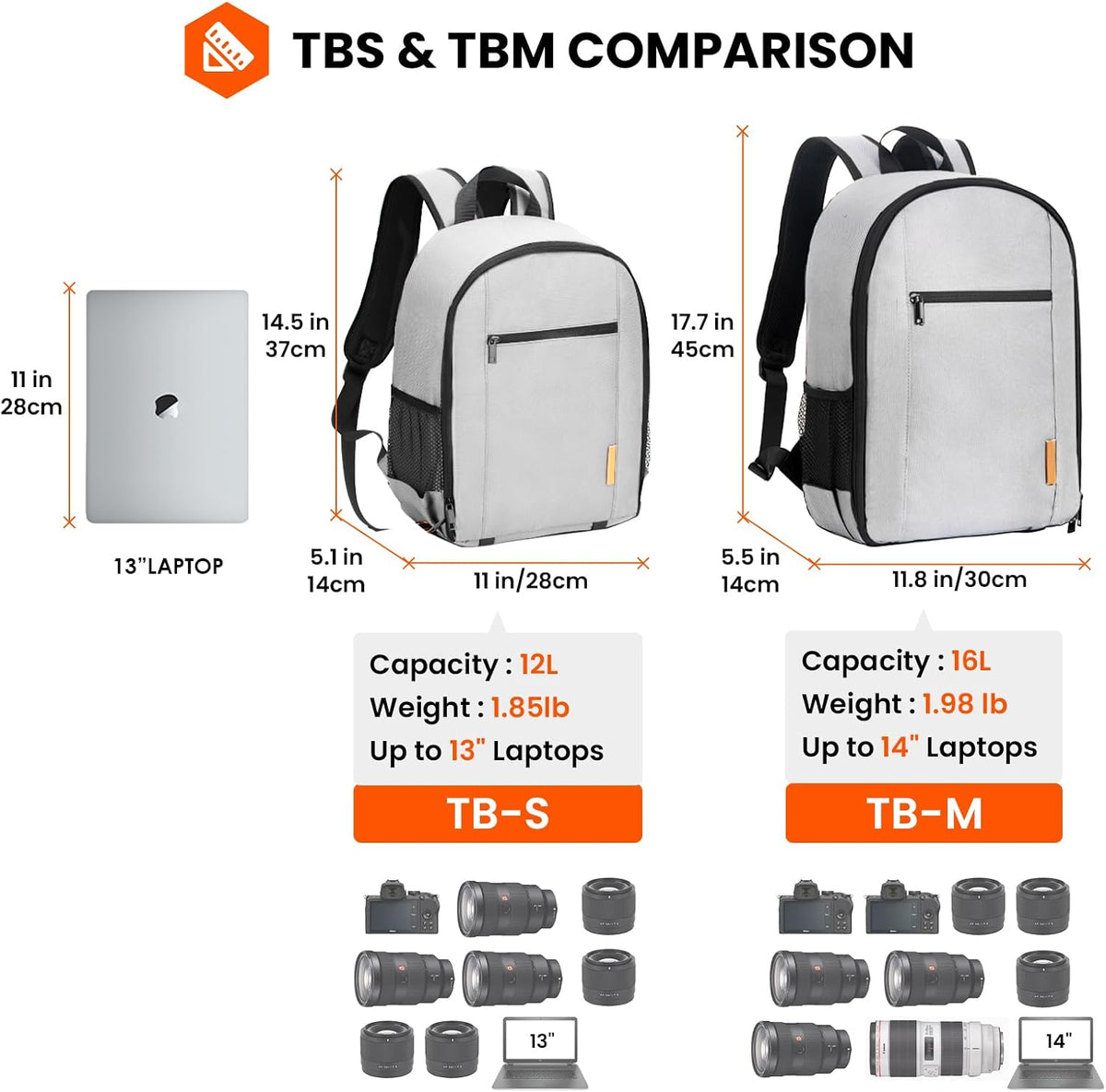 TARION Small Camera Backpack for Photographers Compact 12L Grey TB-S