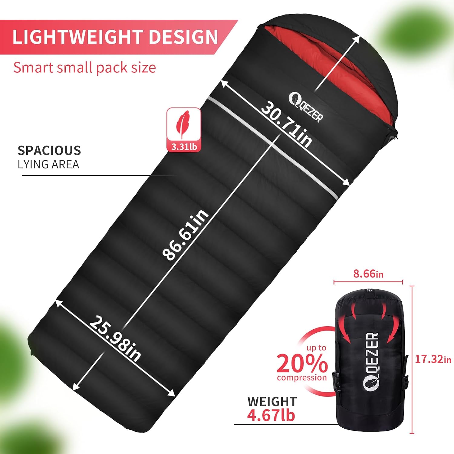 Down Sleeping Bag for Adults, 600 Fill Power Ultralight Backpacking