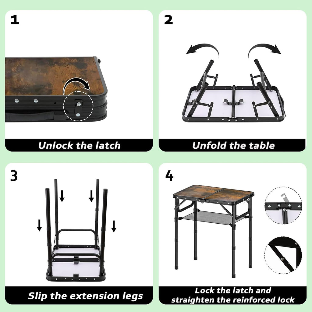 YihuiKo Small Folding Picnic Table with Storage Net, Adjustable Height