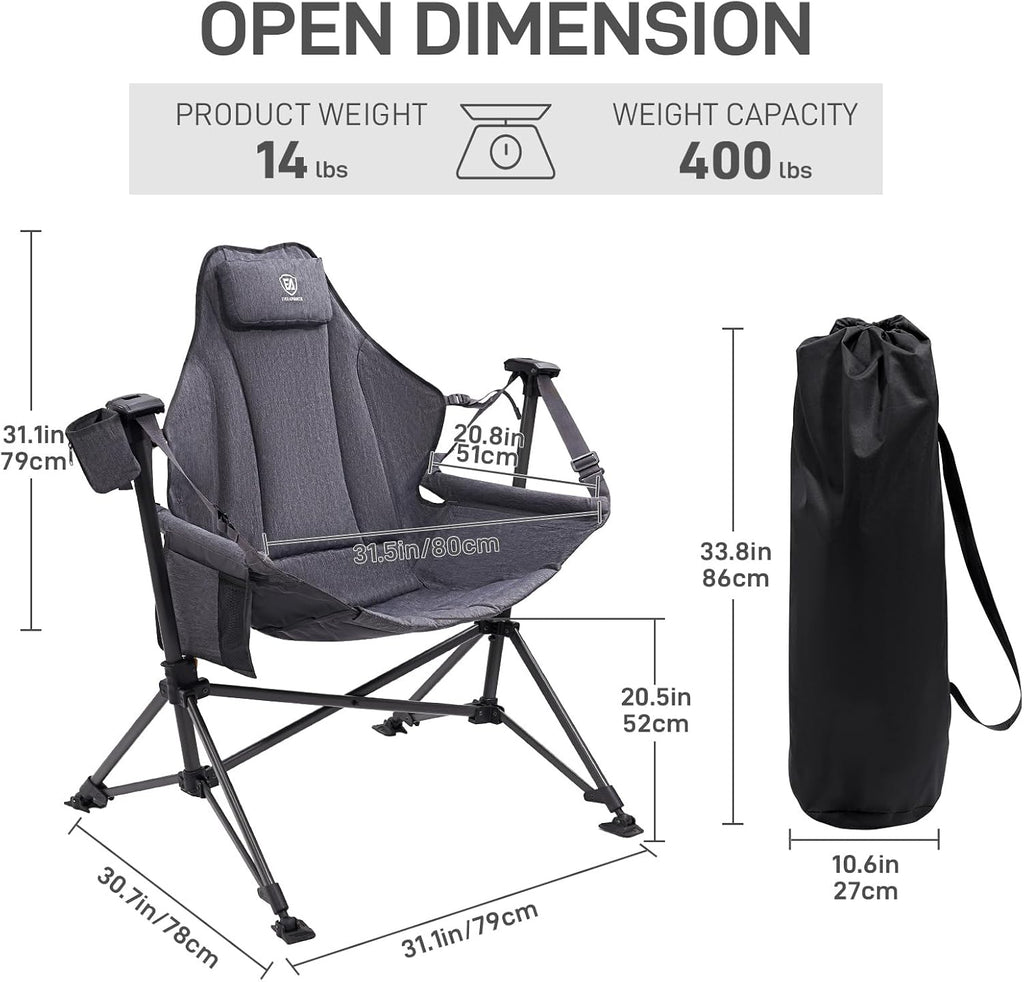 EVER ADVANCED Padded Hammock Camping Chair, Oversized Heavy Duty Swing Chair with Detachable Cup Holder, Portable Folding Rocking Camping Chair, Support Up to 400lbs, Grey