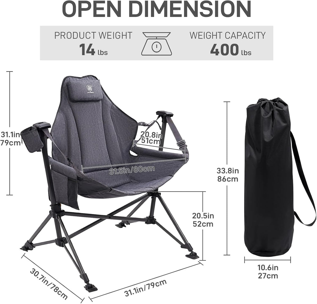 EVER ADVANCED Padded Hammock Camping Chair, Oversized Heavy Duty Swing Chair with Detachable Cup Holder, Portable Folding Rocking Camping Chair, Support Up to 400lbs, Grey