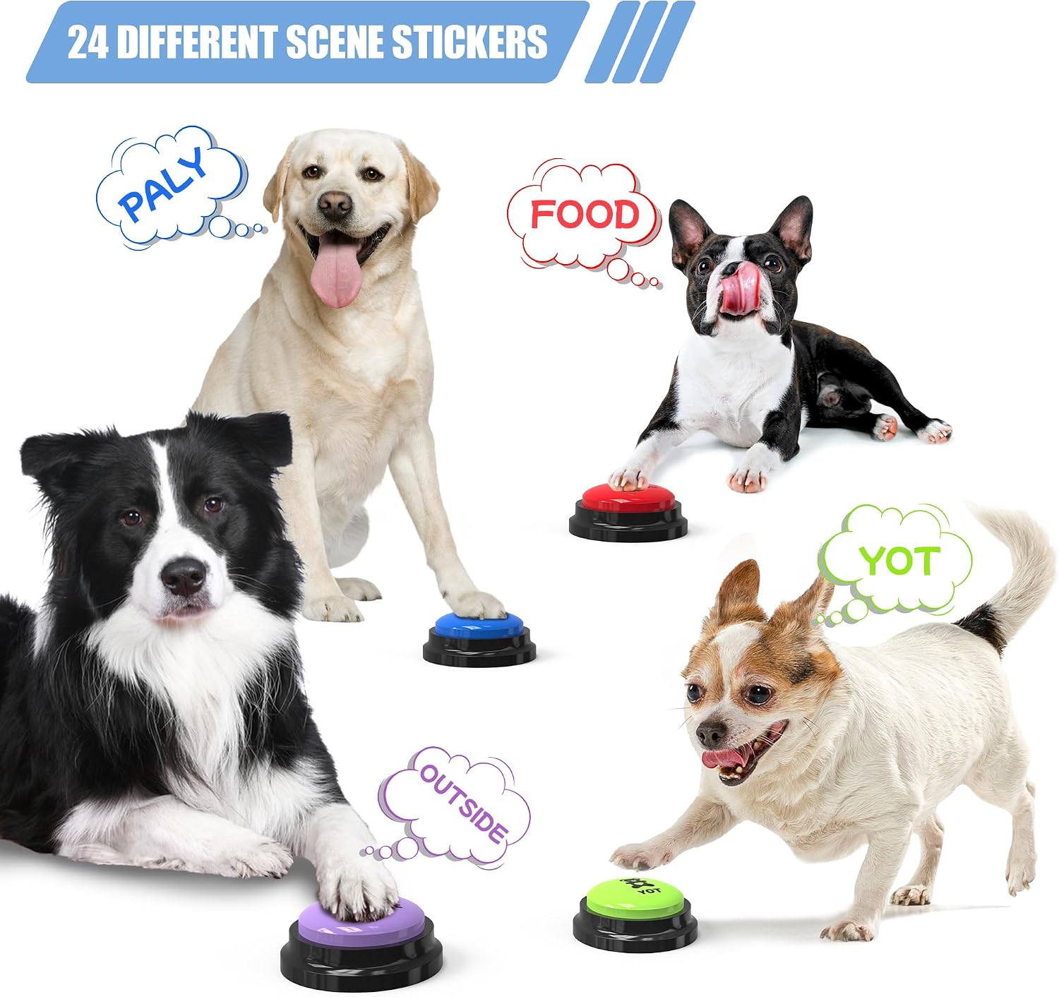 Dog Buttons for Communication 8 Pcs, 30s Recordable Dog Talking Buttons Starter Set with Anti-Slip Mat & 24 Scene Stickers, Pet Training Voice Buzzer