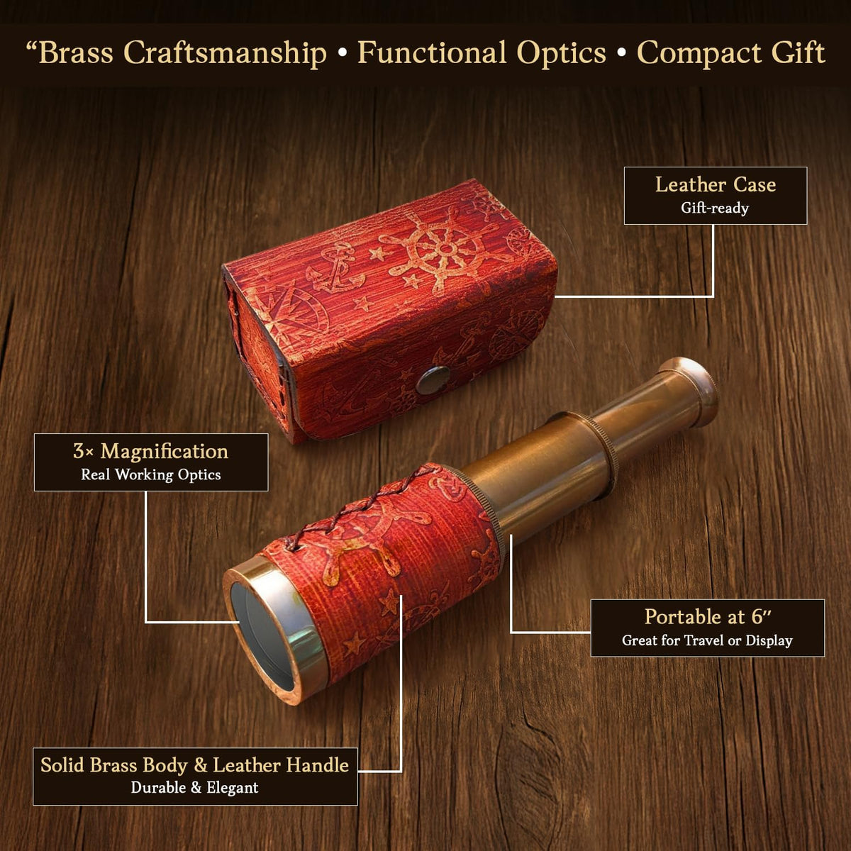 NauticalMart Brass Pirate Telescope 6 Inch Nautical Spyglass Collapsible Monocular for Adventure Enthusiasts Gift | Solid Brass Handheld Telescope with Leather Handle for Adult Telescopes