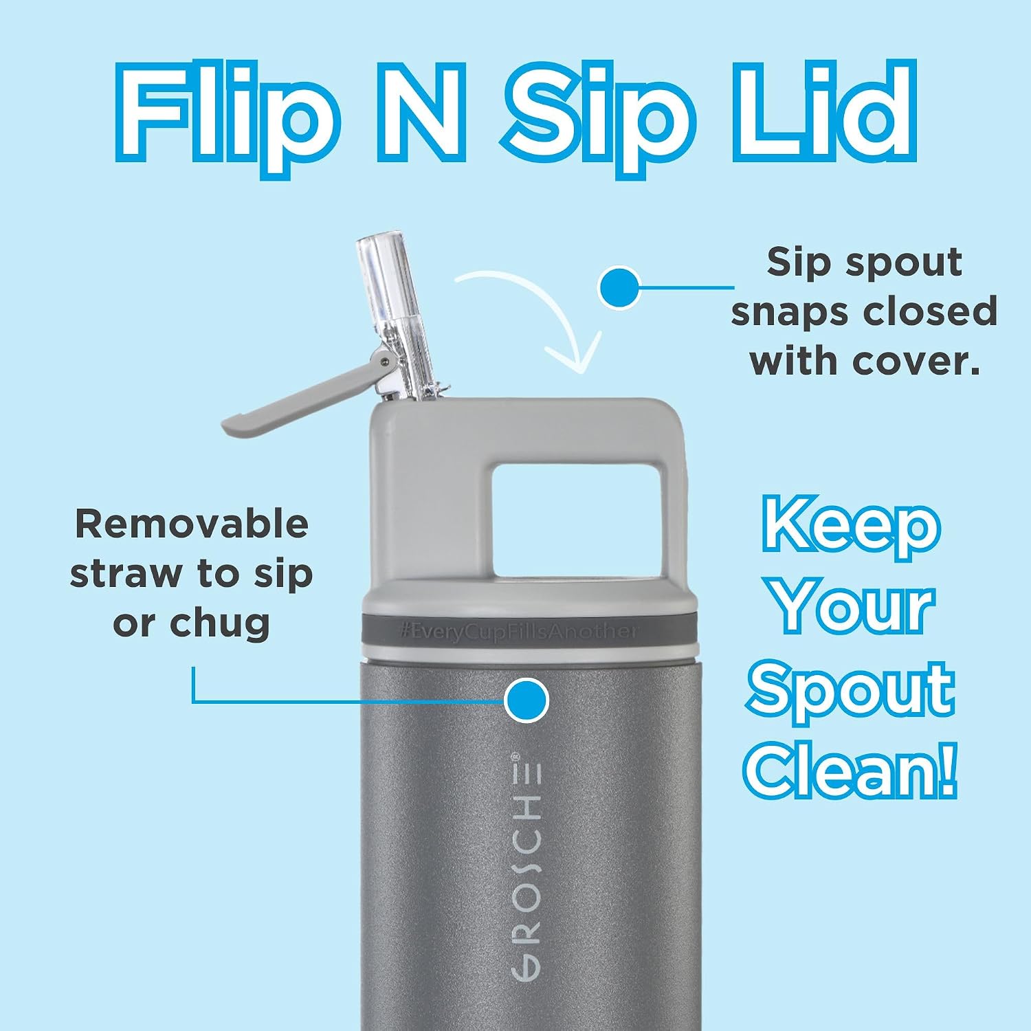 GROSCHE Alpine Flip 'N Sip Steel Water Bottle with Straw, Steel Gray, 20 oz