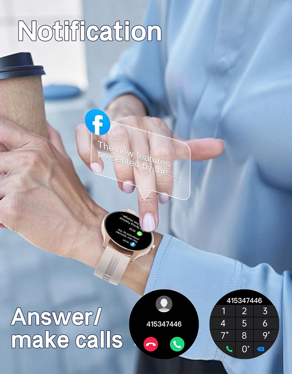 HUAKUA Smart Watch for Women Men Answer/Make Calls for iPhone/Android Cream