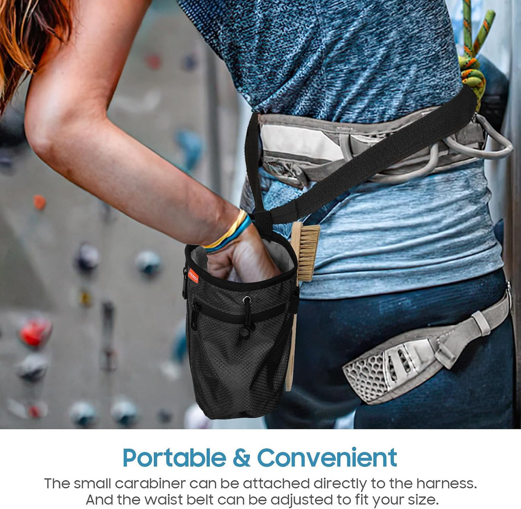 MoKo Rock Climbing Chalk Bag, Bouldering Chalk Pot Bucket with Adjustable Belt & Carabiner Drawstring Climbing Gear for Rock Climbing Weight Lifting Gymnastics Crossfit