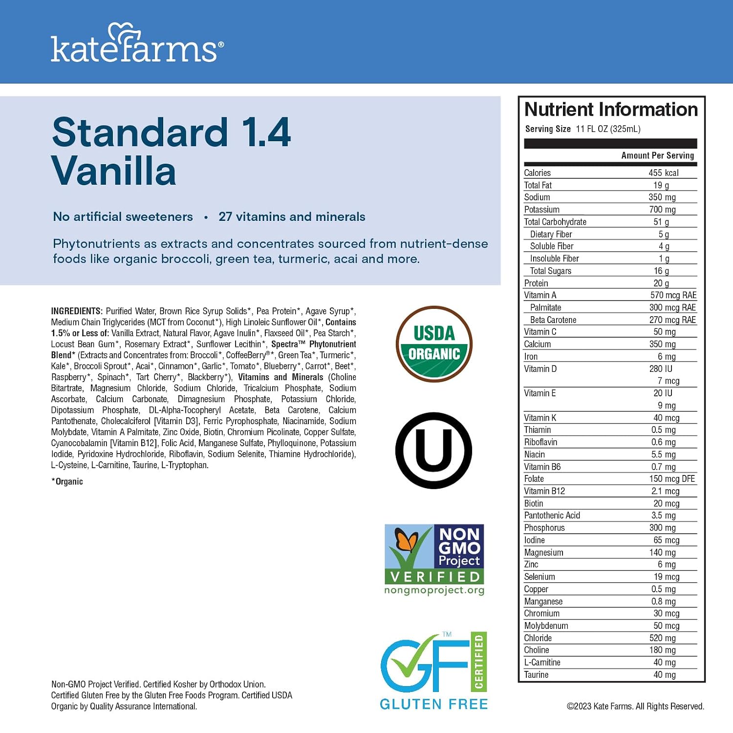 KATE FARMS Organic 1.4 High Calorie Shake, Vanilla, 20g Protein, 6 Pack