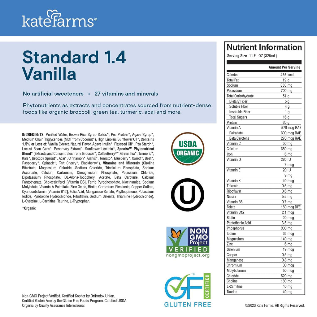 KATE FARMS Organic 1.4 High Calorie Shake, Vanilla, 20g Protein, 12 Pack