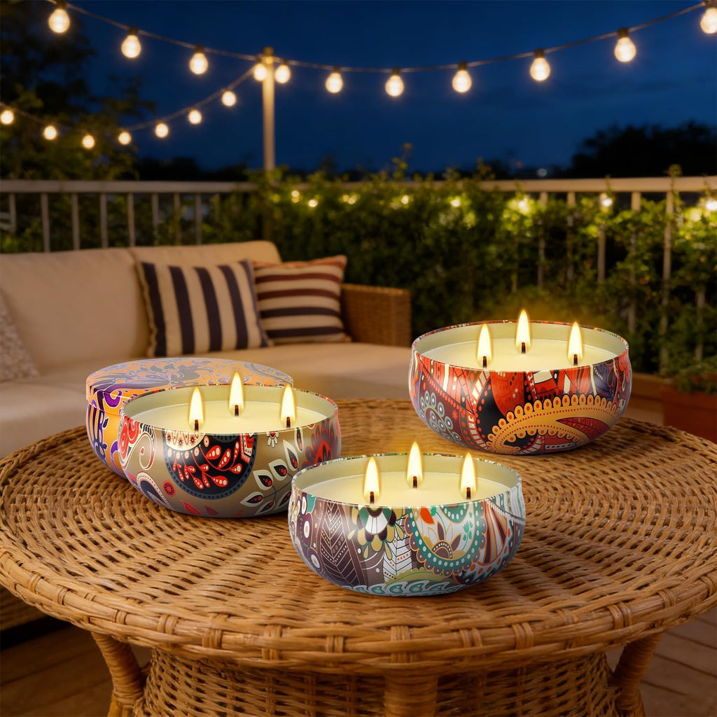 Set of 4 Large 13.5 oz Scented Citronella Candles Outdoor, Natural Soy Wax Floral Tin Candles with Cotton Wicks, Smokeless & Dripless for Patio Garden Camping, Summer Housewarming Gift